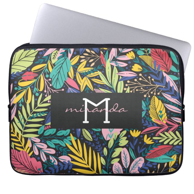 Night Jungle Colourful Exotic Botanical Pattern Laptop Sleeve (Front)
