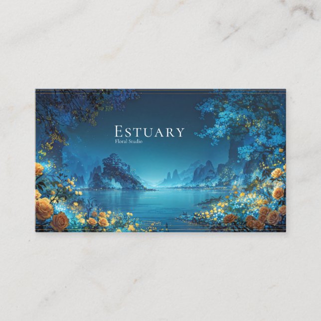 Night Landscape Gold Floral Turquoise Lake Business Card (Front)