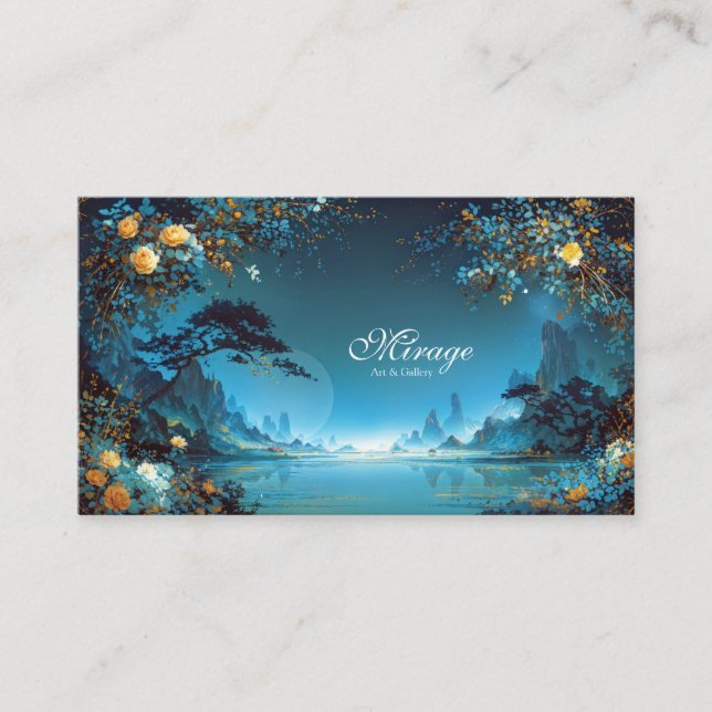 Night Landscape Gold Rose Floral Teal Lake Frame Business Card (Front)