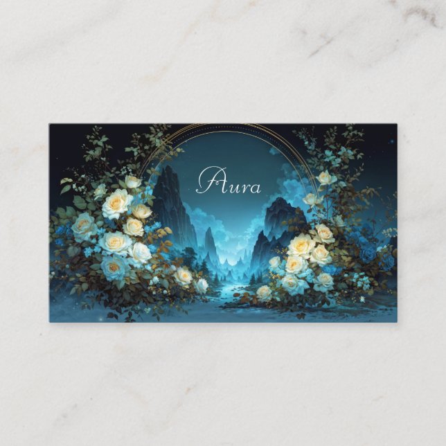 Night Landscape Yellow Rose Floral Arch Business Card (Front)