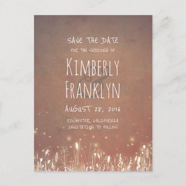 Night Lights Firefly Rustic Country Save the Date Announcement Postcard (Front)
