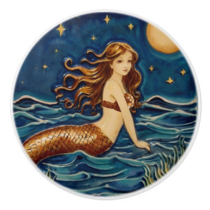 Night Mermaid Sea Ocean Fairytale Dark Blue Navy Ceramic Knob