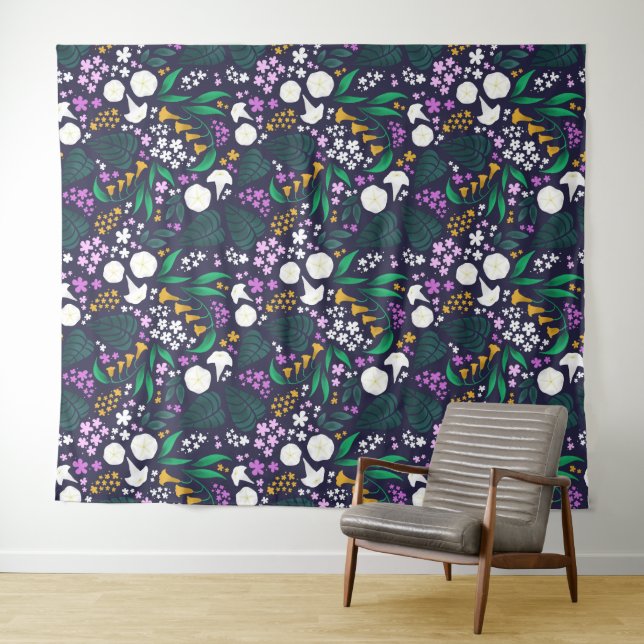 Night Moon Garden Floral Botanical Pattern Tapestry (In Situ (Horizontal))