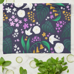 Night Moon Garden Floral Botanical Pattern Tea Towel