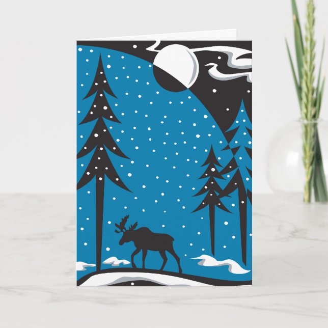 Night Moose Christmas Scene Holiday Card (Front)