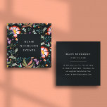 Night Oasis | Floral Pattern Square Business Cards<br><div class="desc">Elegant floral business cards in a unique square shape feature a background pattern of brightly coloured flowers and greenery with your name or company name and title displayed in white on an inky off-black square. Add your full contact information to the reverse side. Perfect for wedding planners, event planners and...</div>