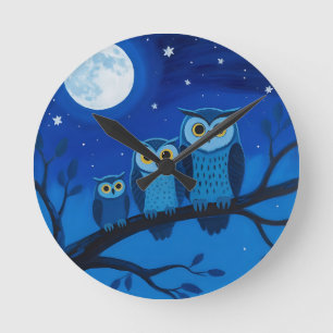Night Owl Family Moonlit Sky Round Clock