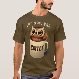Night Owl Fluffy Cute Bird Morning Coffee T-Shirt