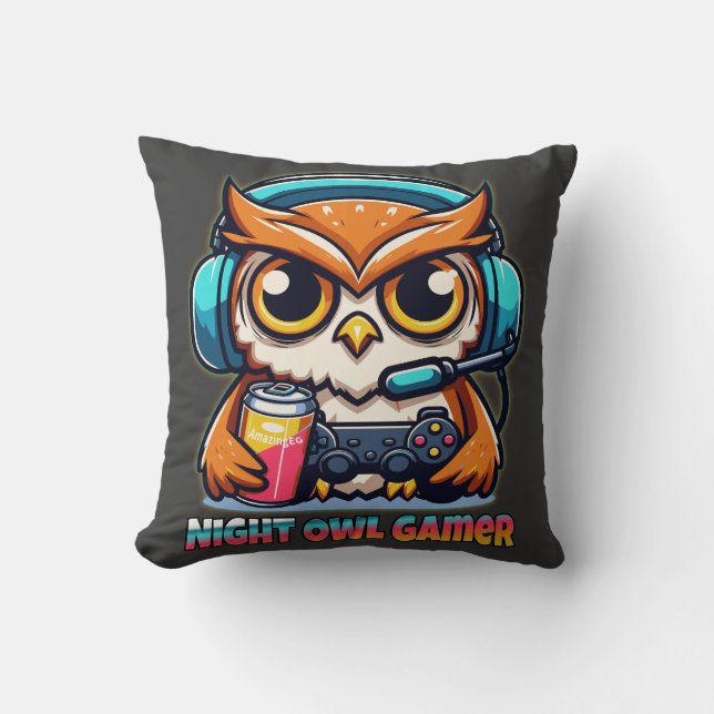 Night Owl Gamer Mascot Fun Gaming Illustration Cushion (Front)