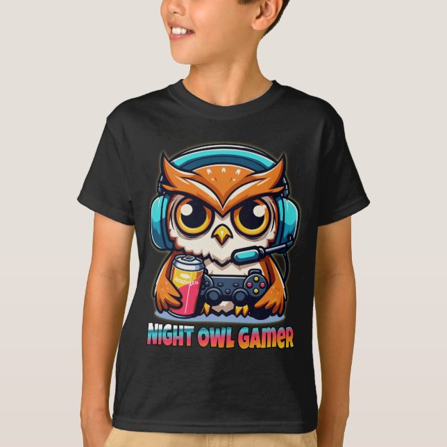 Night Owl Gamer Mascot Fun Gaming Illustration T-Shirt (Front)