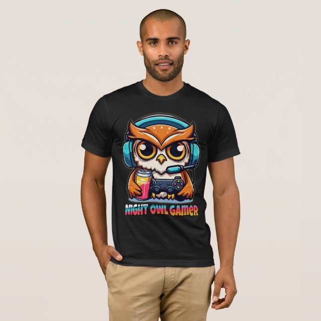 Night Owl Gamer Mascot Fun Gaming Illustration T-Shirt (Front Full)