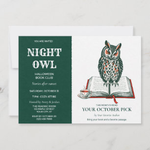 Night Owl Halloween Book Club Linocut Invitation