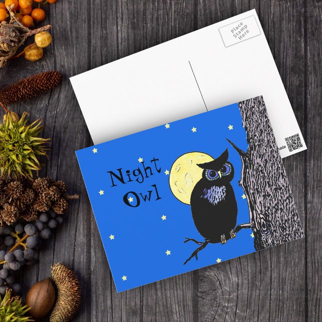 Night Owl in the Moon PostCard (Black owl in night sky with moon stars in tree on blue postcard.)