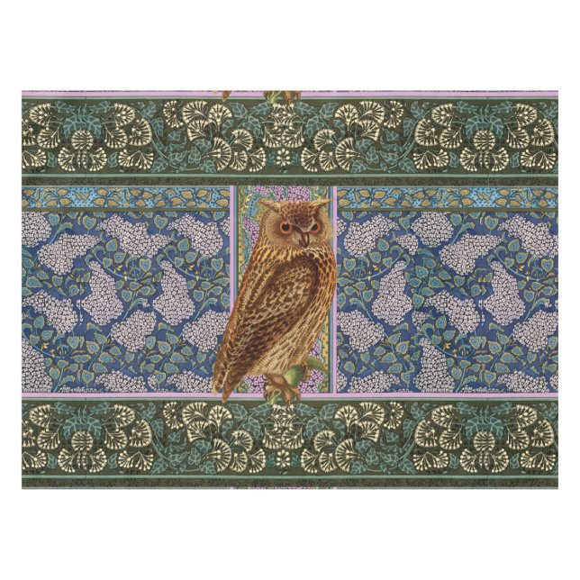 NIGHT OWL, LILACS, LEAVES Art Nouveau Dark Floral Tablecloth (Front (Horizontal))