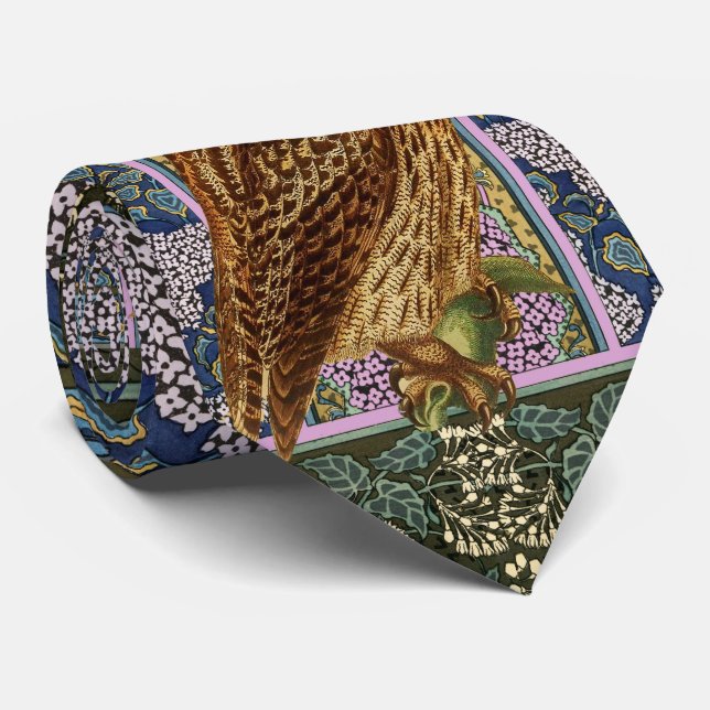 NIGHT OWL, LILACS, LEAVES Art Nouveau Dark Floral Tie (Rolled)