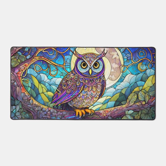 Night Owl on Branch Stained Glass Desk Mat (Front)