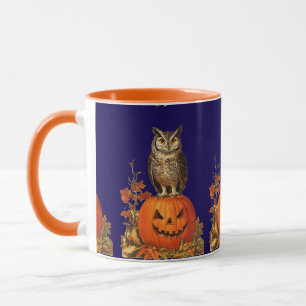 NIGHT OWL ON HALLOWEEN PUMPKIN AND AUTUMN LEAVES MUG