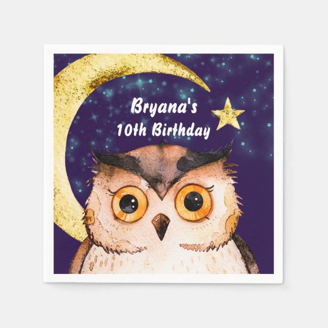 Night Owl Purple Sleepover Slumber Birthday Party Napkin (Front)
