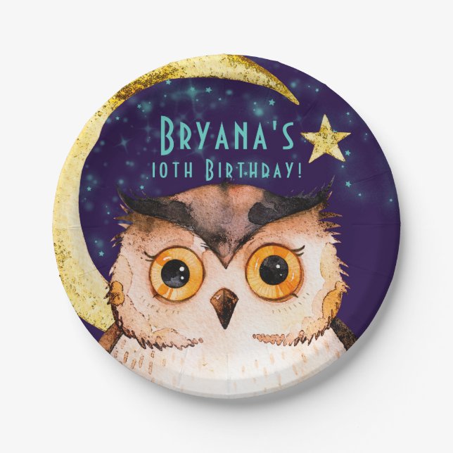 Night Owl Purple Sleepover Slumber Birthday Party Paper Plate (Front)