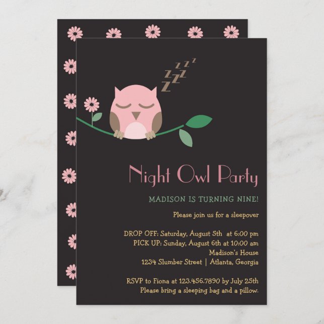 Night Owl Slumber Birthday  Party Invitation (Front/Back)