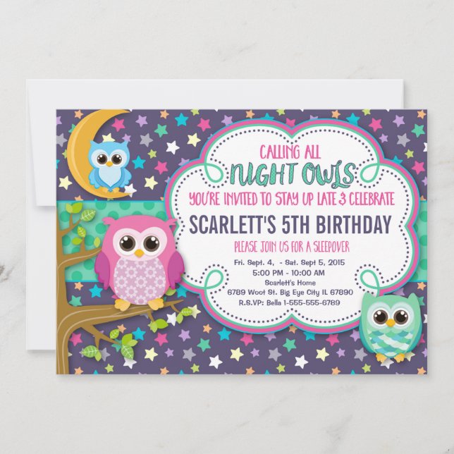 Night Owls Sleepover Birthday Party Invitation (Front)