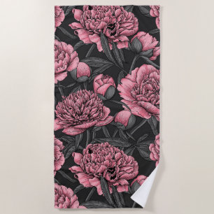 Night peony garden in pink and grey beach towel