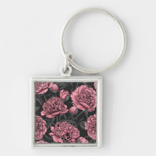 Night peony garden in pink and grey key ring