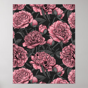 Night peony garden in pink and grey poster