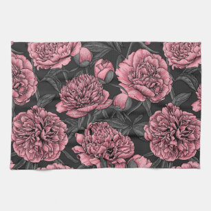 Night peony garden in pink and grey tea towel