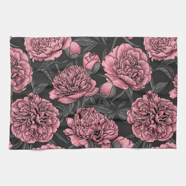 Night peony garden in pink and grey tea towel (Horizontal)