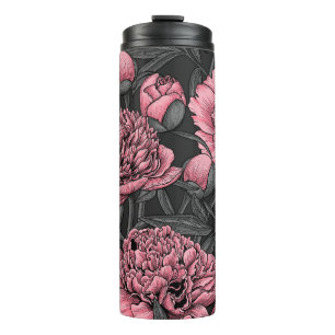 Night peony garden in pink and grey thermal tumbler