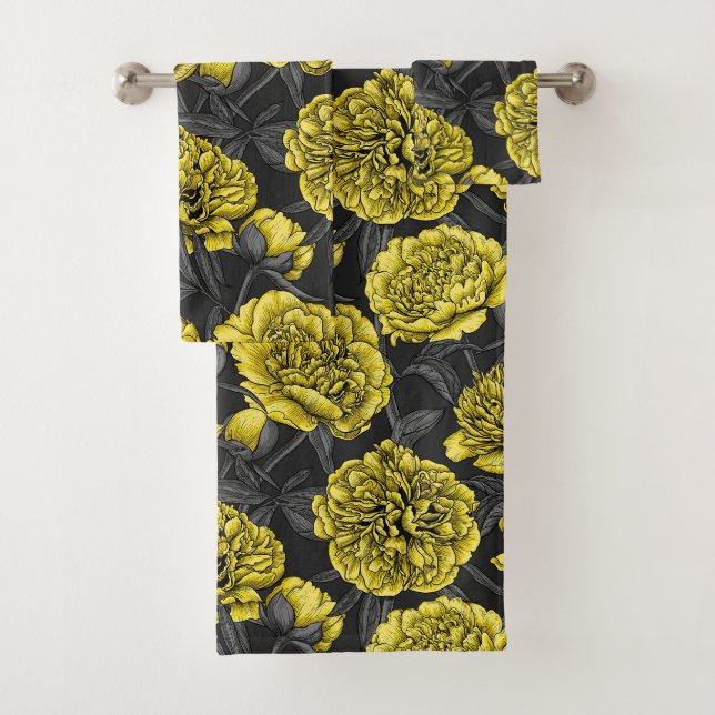 Night peony garden in yellow and grey bath towel set (Insitu)