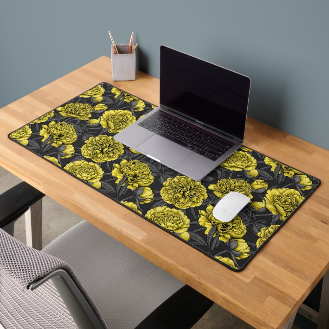 Night peony garden in yellow and grey desk mat (Office 2)