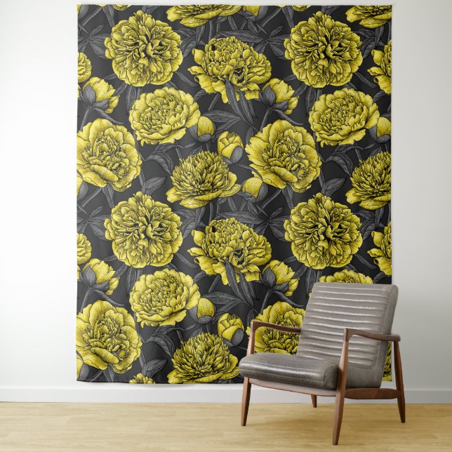 Night peony garden in yellow and grey tapestry (In Situ)