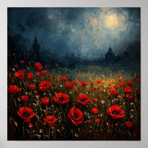 🌙 Night Poppy Field Under Moonlight Dreamy Art Poster
