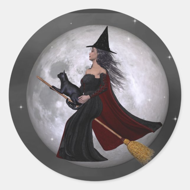 Night Ride :: Witch & Her Cat Riding in the Night Classic Round Sticker (Front)