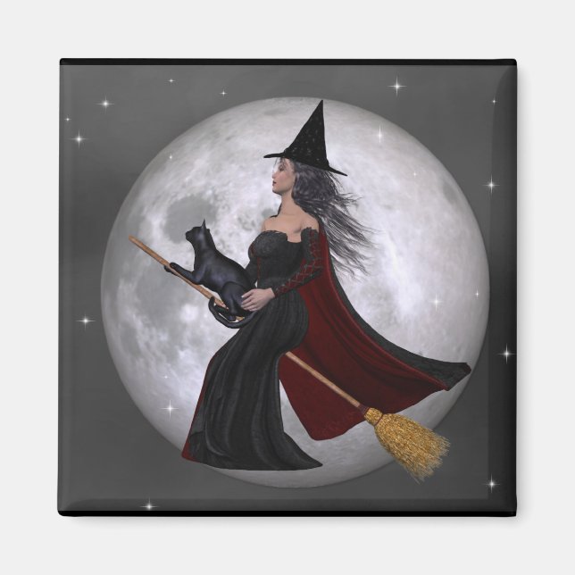Night Ride :: Witch & Her Cat Riding in the Night Magnet (Front)