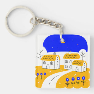 Night Scene of a Small Village Landscape Key Ring