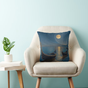 Night Scene of Venetian Gondolas under a Full Moon Cushion