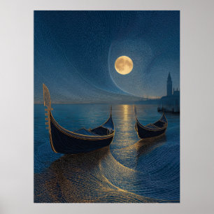 Night Scene of Venetian Gondolas under a Full Moon Poster
