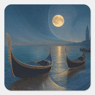 Night Scene of Venetian Gondolas under a Full Moon Square Sticker