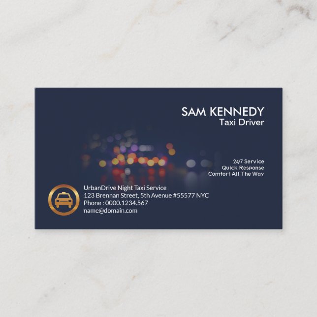 Night Scene Traffic Lights Bokeh Taxi Cab Service Business Card (Front)