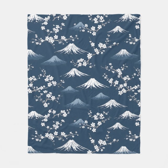 Night Scene With Mount Fuji And Cherry Blossom Fleece Blanket (Front)