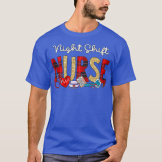 Night Shift Nurse Plaid Glitter Love Heart Stethos T-Shirt