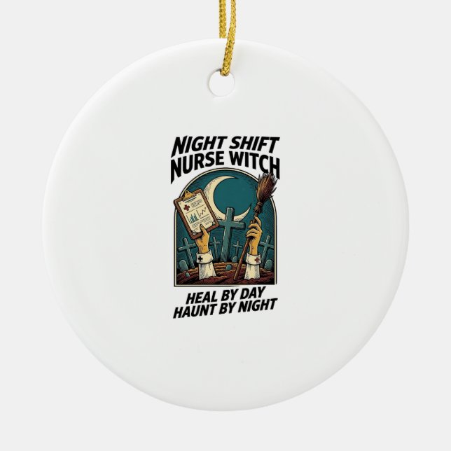 Night Shift Nurse Witch Retro Halloween Tee Ceramic Tree Decoration (Front)