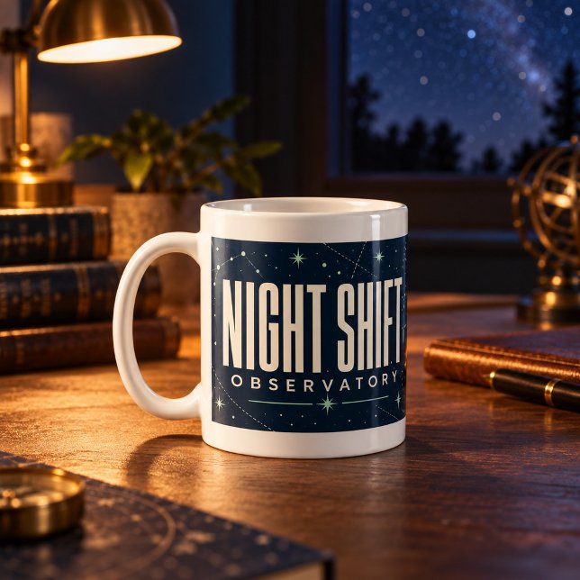 Night Shift Observatory Astronomy Mug (Classic white 11 oz ceramic mug with white interior and handle. Styled scene; props not included.)
