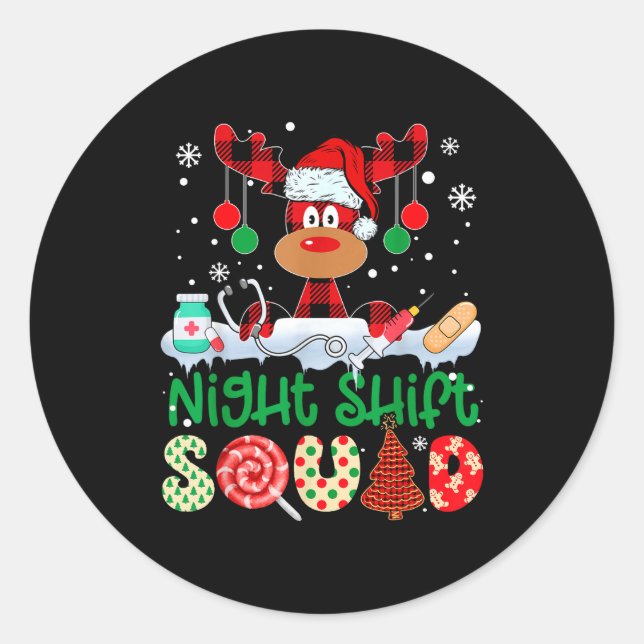 Night Shift Squad Nurse Reindeer Buffalo Red Plaid Classic Round Sticker (Front)