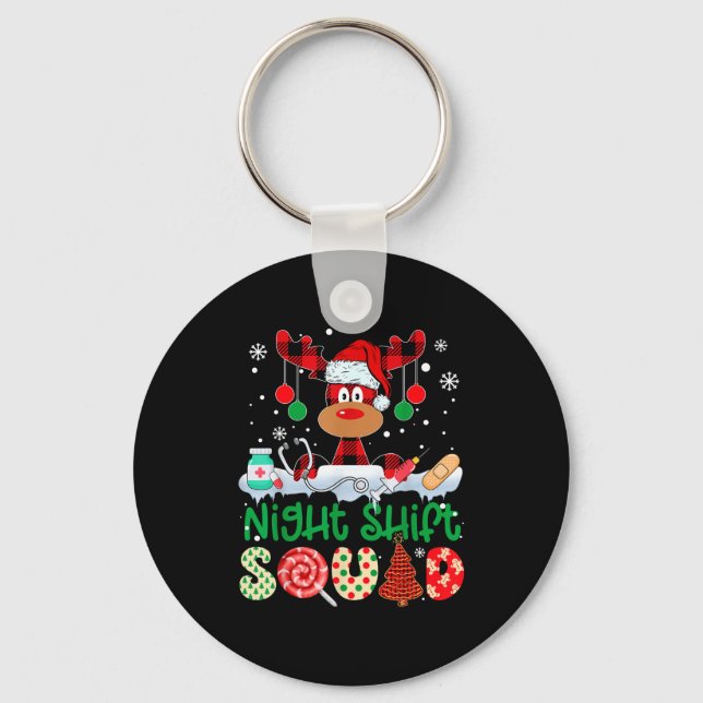 Night Shift Squad Nurse Reindeer Buffalo Red Plaid Key Ring (Front)