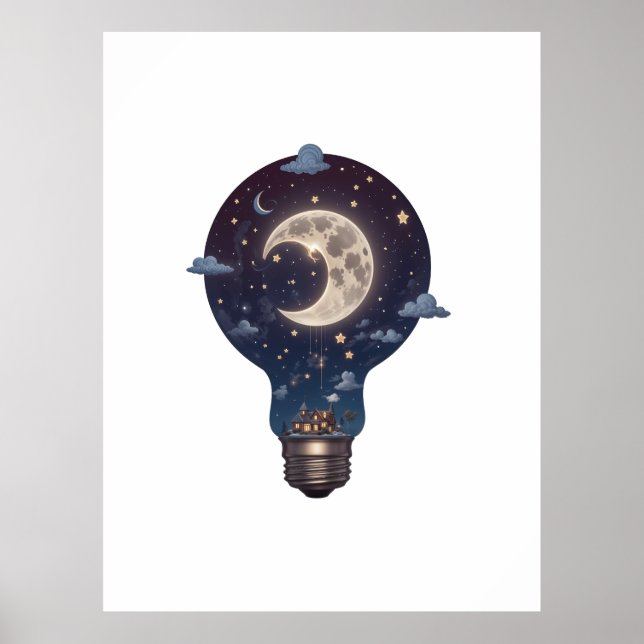 Night Sky and Cottage Inside a Lightbulb Poster (Front)