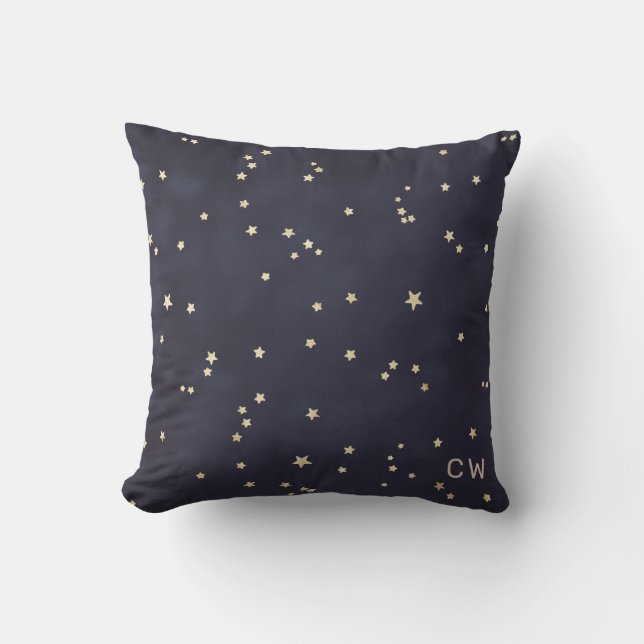 Night sky and gold stars minimalist monogram cushion (Front)